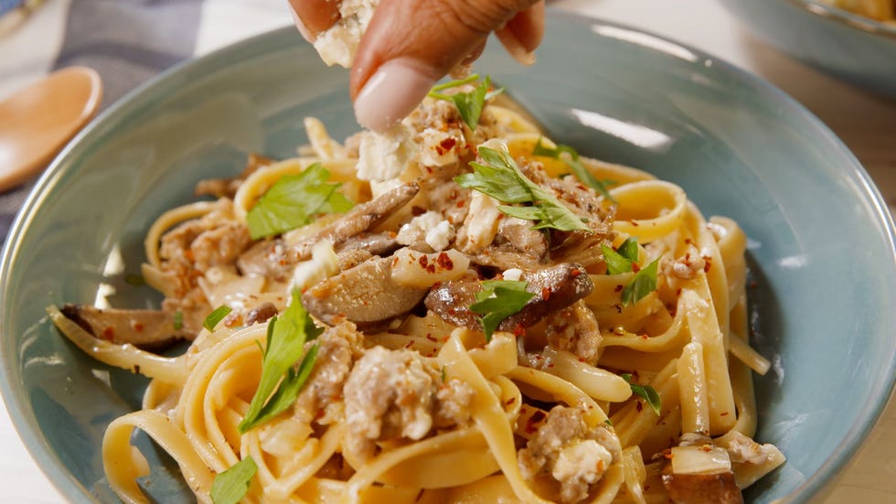 blue cheese, sausage, and mushroom fettuccine