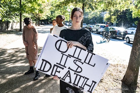 fashion show outside of senator schumer's apartment, brooklyn, ny combined with protest against the dirty pipeline deal