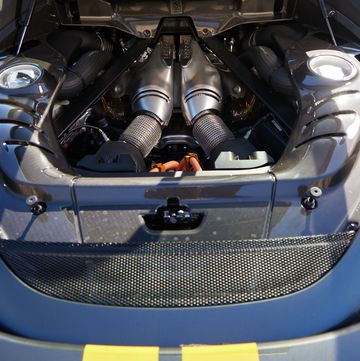 a car engine with its hood open