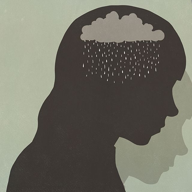 a gray cartoon style outline of a person's head with a raincloud inside