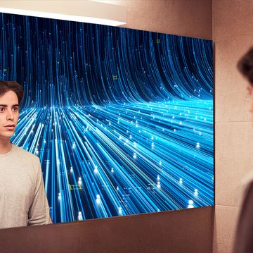 man looking at a copy of himself in another universe