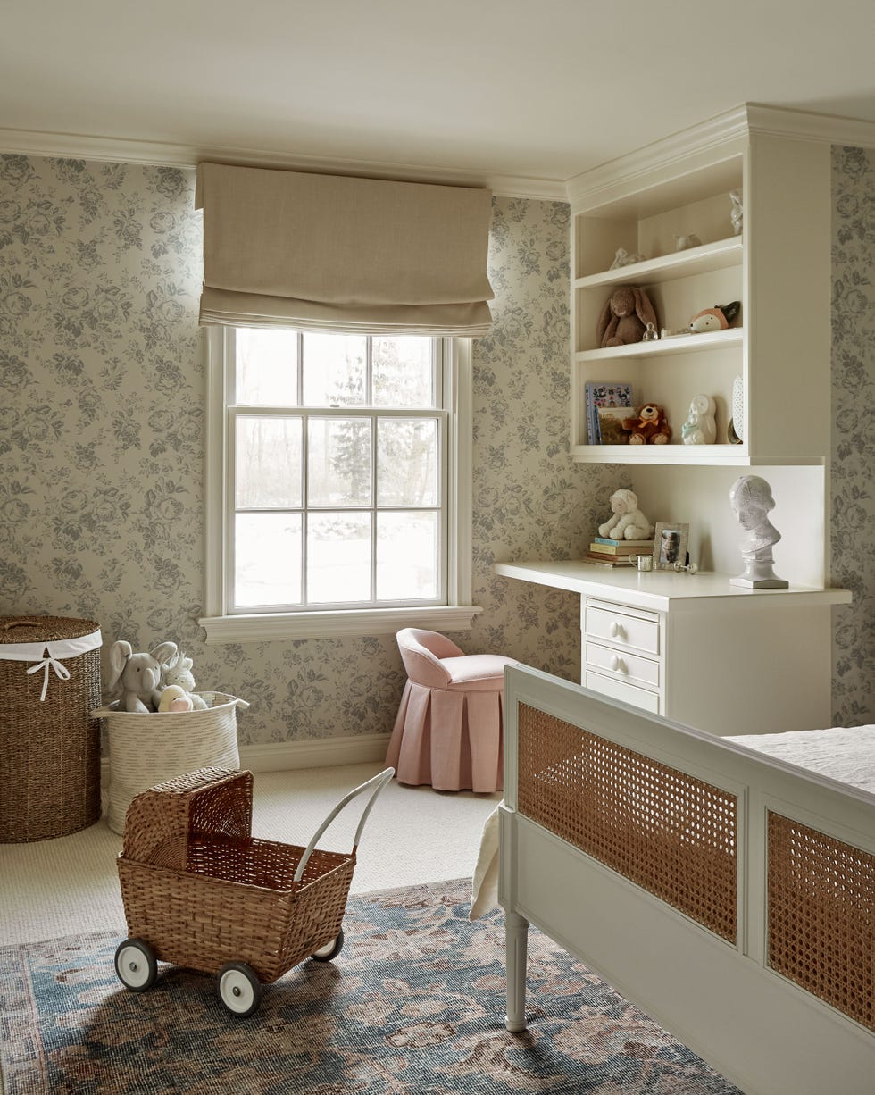 a room with a table and shelves