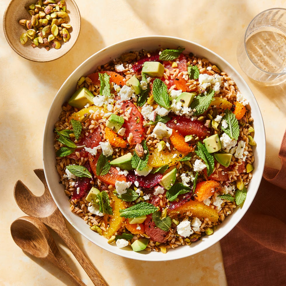 avocado and citrus farro salad with cilantro orange dressing