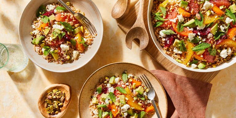 avocado and citrus farro salad with cilantro orange dressing