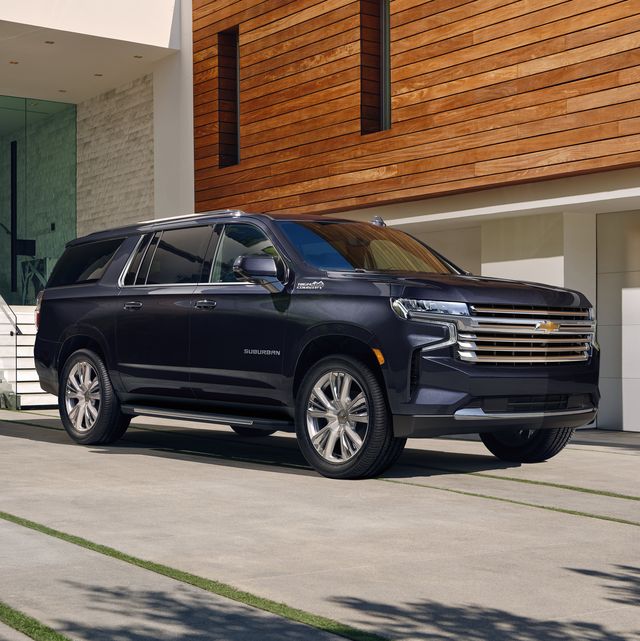 the 2023 suburban high country front three quarter view parked