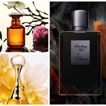 a collage of flowers and perfume