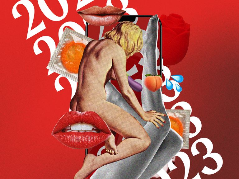 a collage of a woman, lips, legs, emojis and a phone on a red background