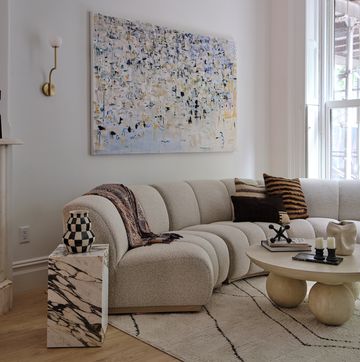 living room with boucle sofa