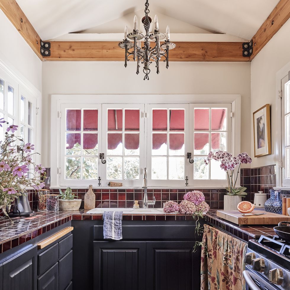 small cottage kitchen tile countertops black cabinetry elizabeth law hollywood