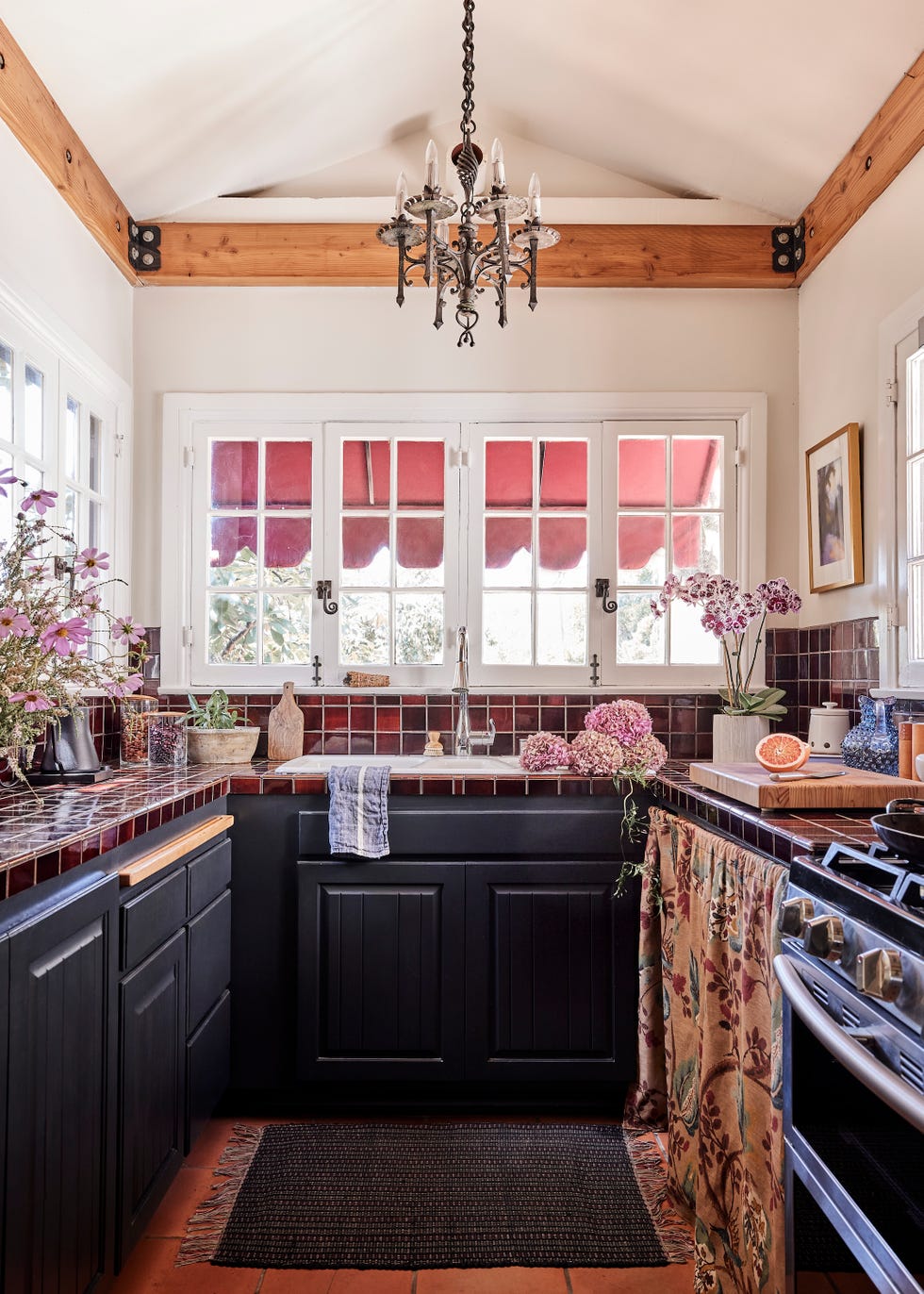 small cottage kitchen tile countertops black cabinetry elizabeth law hollywood