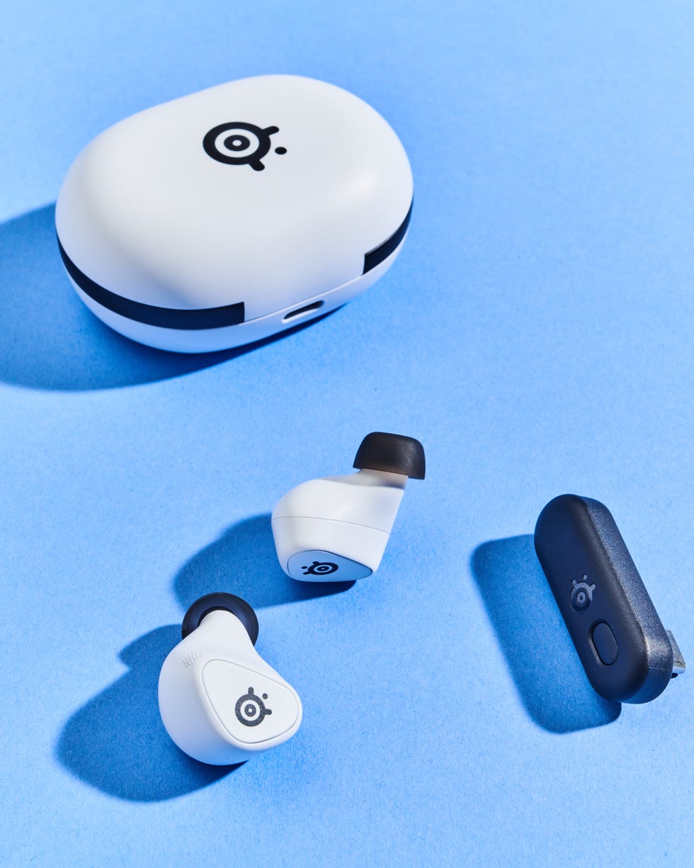 a pair of wireless earbuds, a case, and a charging unit