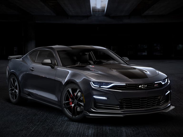 front 34 view of 2024 chevrolet camaro ss collector’s edition in panther black metallic tintcoat preproduction model shown actual production model may vary available late summer 2023