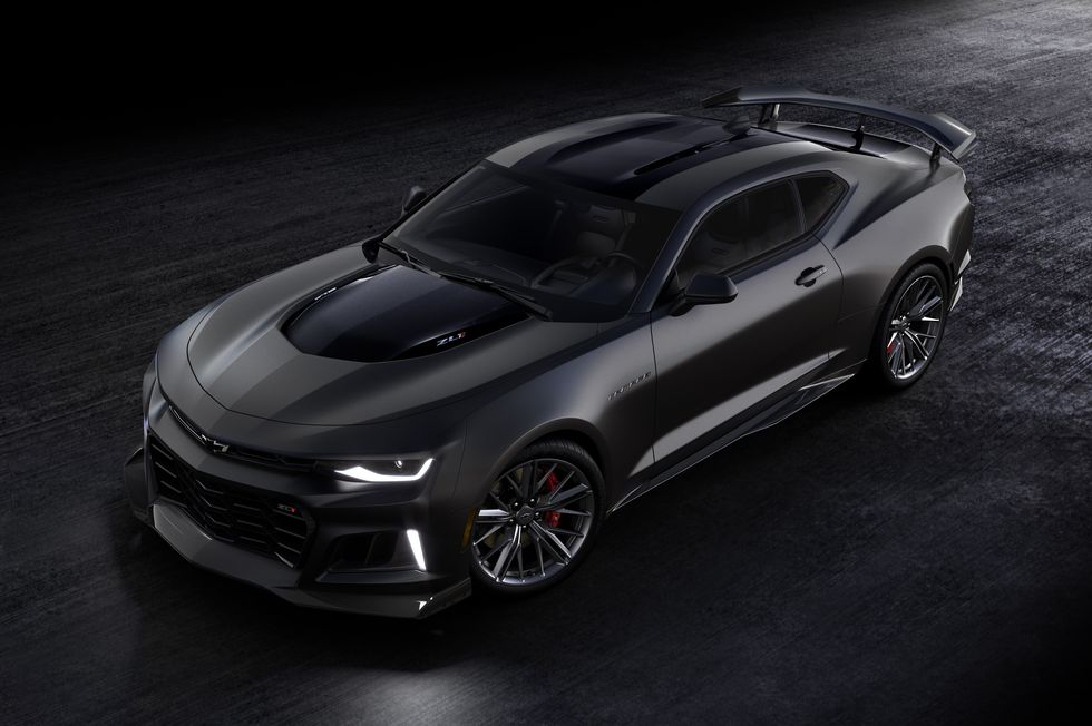overhead front 34 view of 2024 chevrolet camaro zl1 collector’s edition in panther black matte preproduction model shown actual production model may vary available late summer 2023