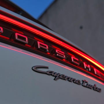 2024 Porsche Cayenne Turbo E-Hybrid rear detail close up of the 2024 porsche cayenne turbo e hybrid rear label