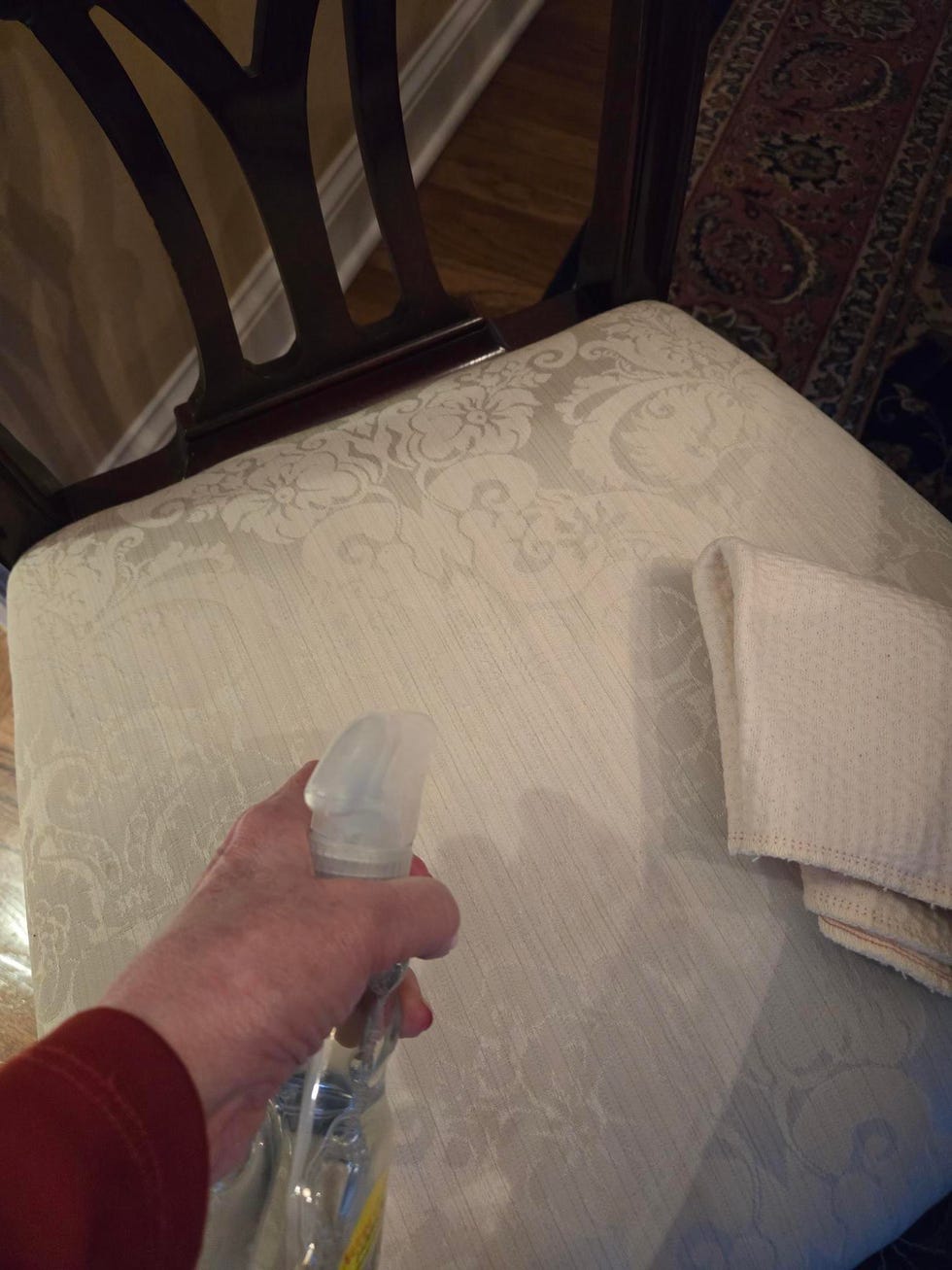 best upholstery cleaners testing a spray cleaner on a dining chair