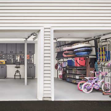 a garage with bikes and bicycles