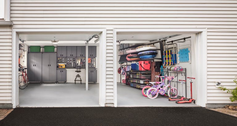 a garage with bikes and bicycles