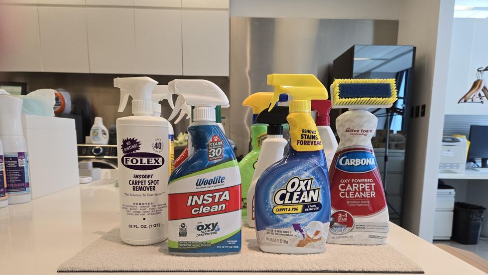 best carpet cleaners a collection of bottles of carpet stain removers for testing