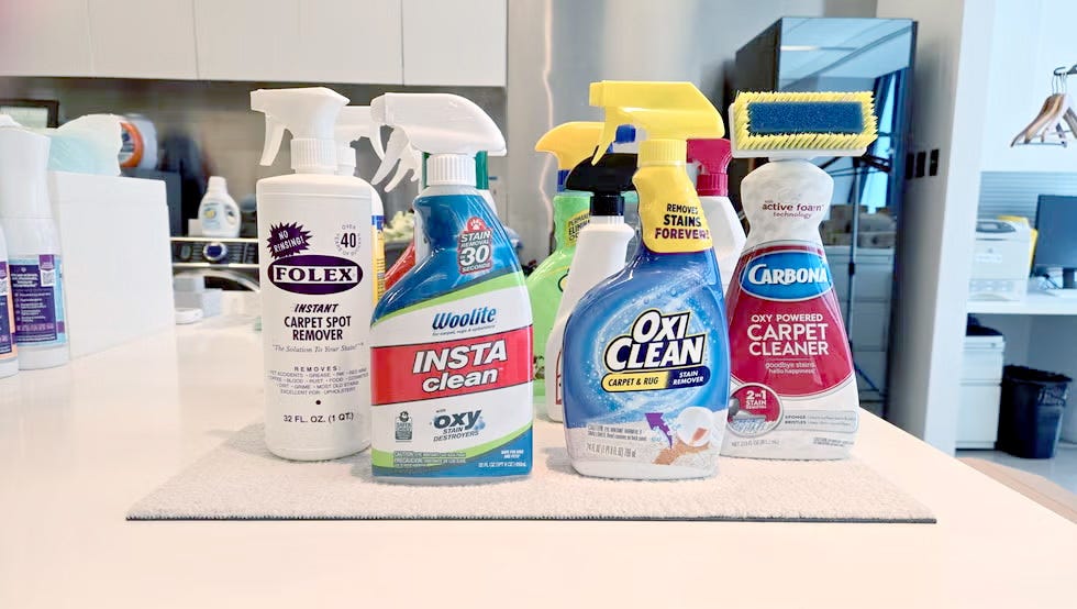 best carpet cleaners a collection of bottles of carpet stain removers for testing