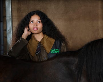 person standing next to a horse in an indoor stable setting