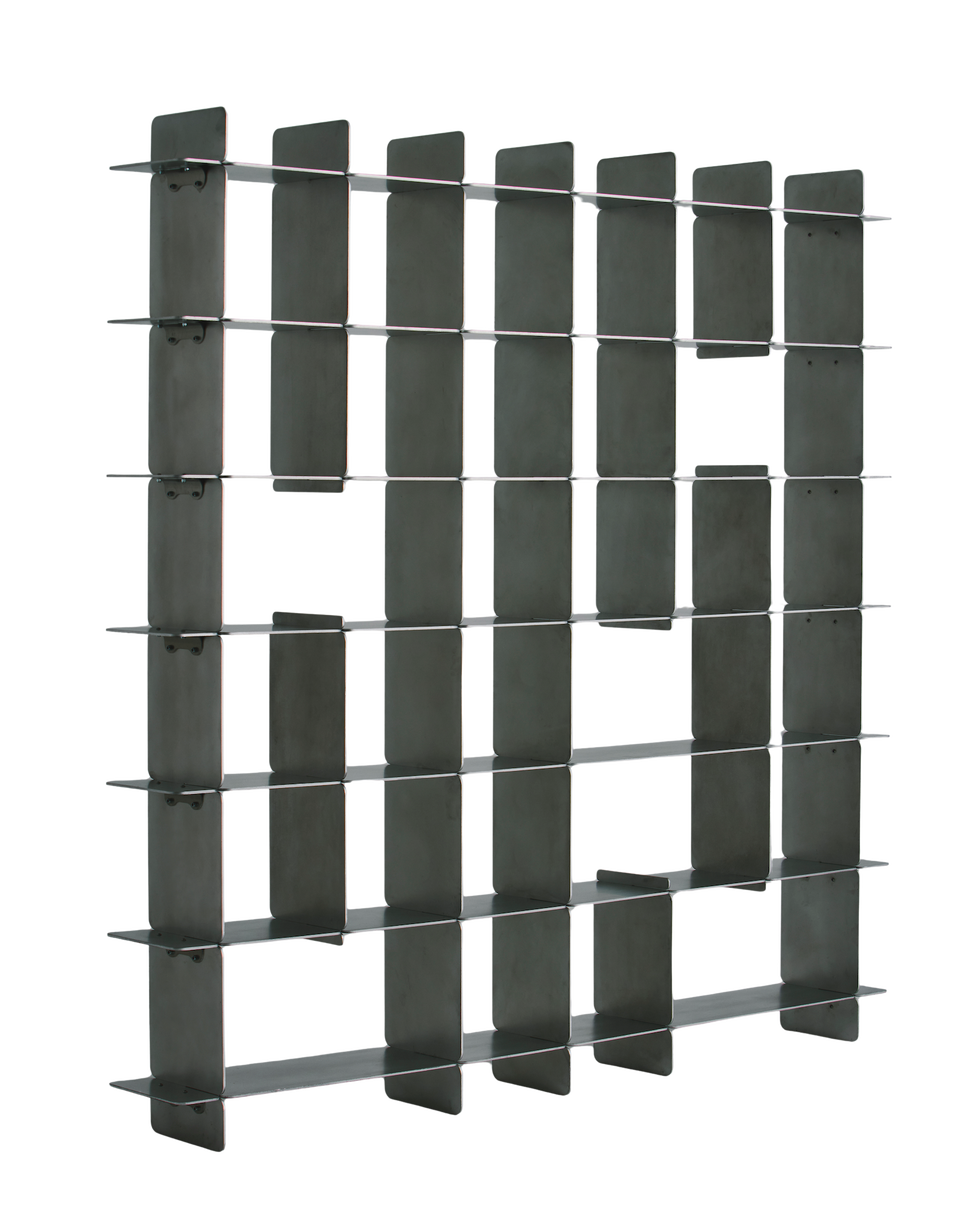 geometric metal shelving unit with open compartments