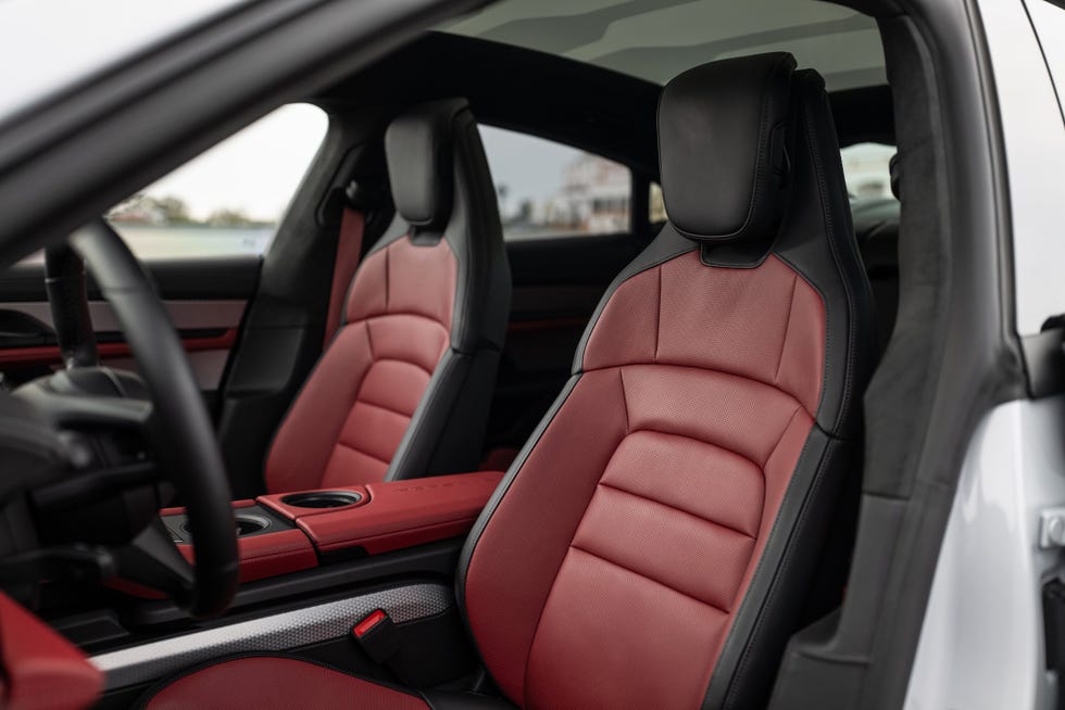2025 Taycan 4S two toned black and red leather bucket racing seats
