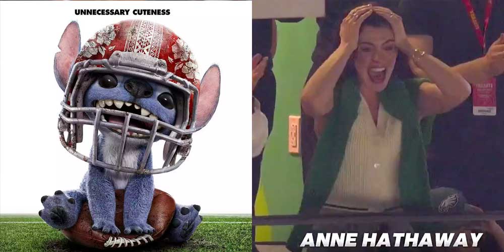a playful character in a football helmet next to a person reacting excitedly