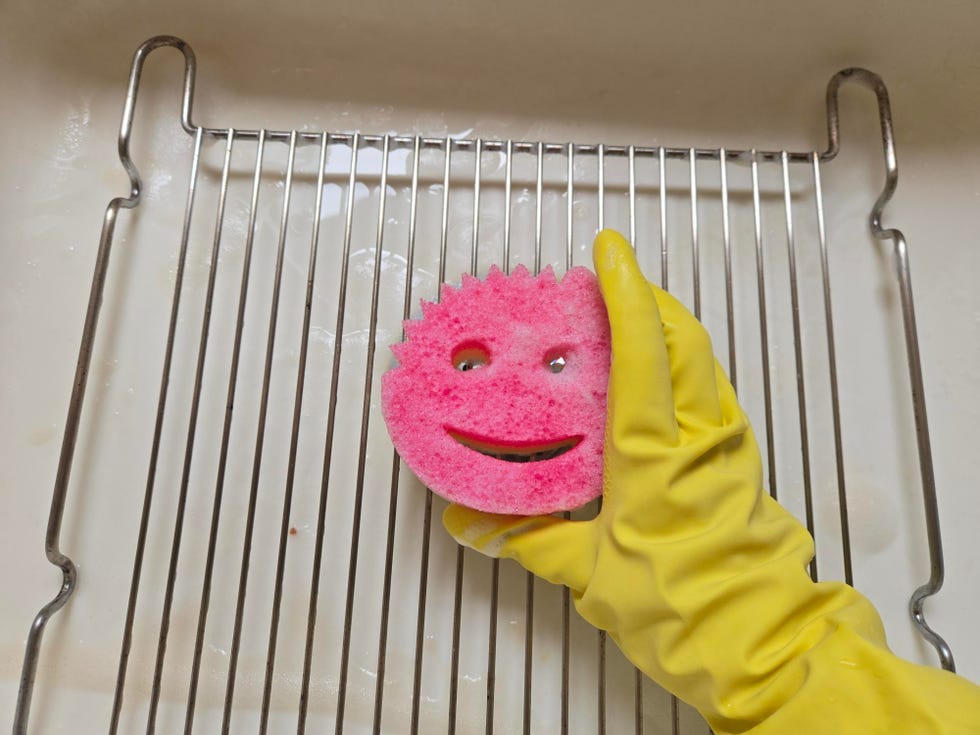 hand holding a smiling pink scrub mommy sponge on a metal broiling rack in a sink