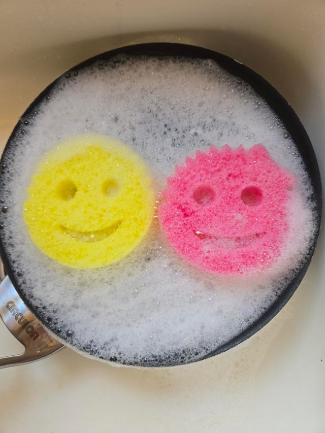 two smiley face scrub daddy sponges in a soapy pan
