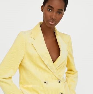 Clothing, Outerwear, Yellow, Jacket, Sleeve, Blazer, Formal wear, Neck, Standing, Suit, 