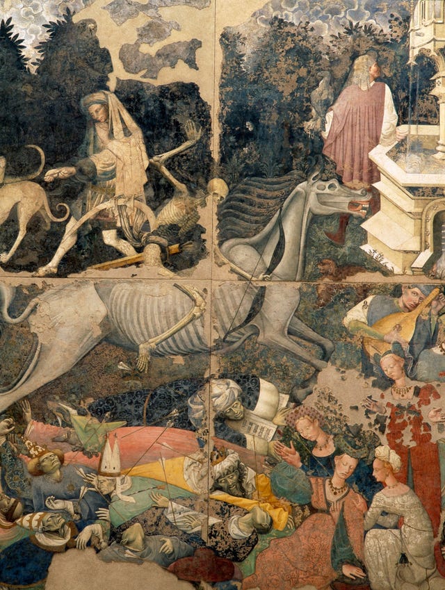op dit vijftiendeeeuwse italiaanse fresco van een anonieme schilder staat de triomf van de dood afgebeeld vaak wordt gedacht dat ziekte in de middeleeuwen drie oorzaken kende infecties ondervoeding en letsel door gevechten of ongevallen