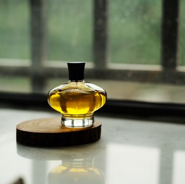 a glass bottle on a table