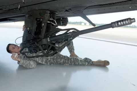 pfc jonathan millard, of company a, 1st battalion, 149th aviation regiment, 185th aviation brigade, mississippi army national guard, based in tupelo, miss, inspects the 30mm m230 chain gun of an ah 64 apache during daily maintenance at the combat readiness training center in gulfport, miss, on aug 2 the unit is among approximately 4,600 soldiers from the active, national guard, and reserve components partnering with the 155th armored brigade combat team, headquartered in tupelo, for an exportable combat training capability exercise at camp shelby joint forces training center the xctc will test the 155th abct’s ability to perform platoon movements, company attacks, response to ambushes, and more mississippi national guard photo by staff sgt scott tynes, 102nd public affairs detachmentreleased