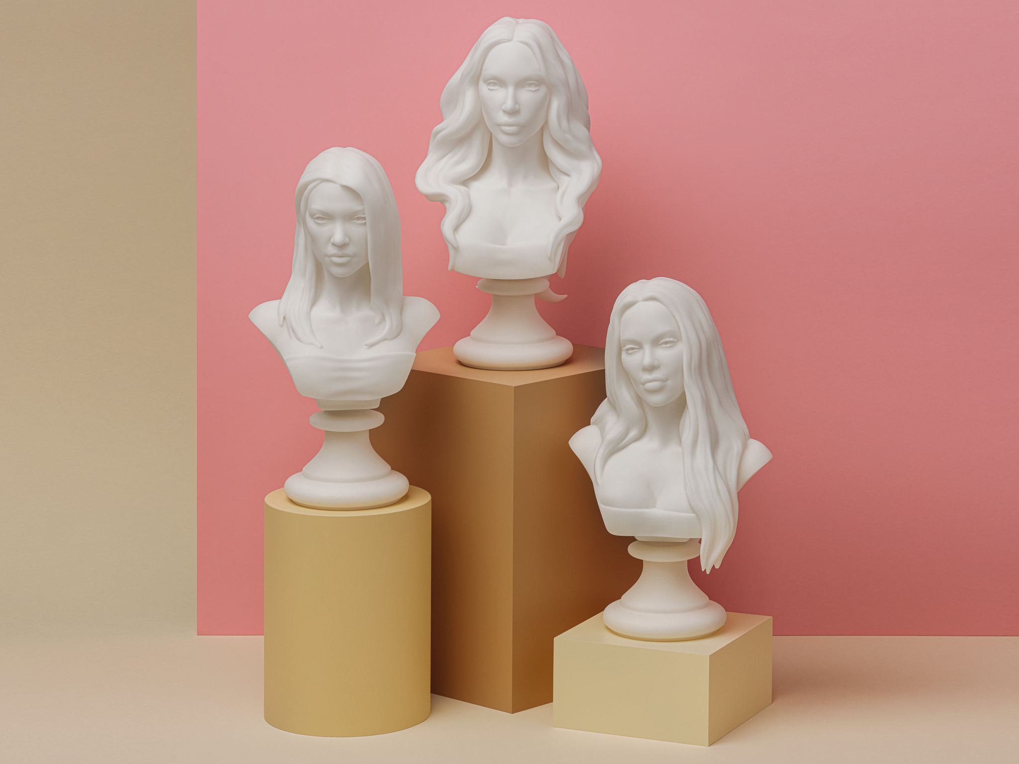 3d printed busts of the kardashian family photographed on pedestals on a pink background