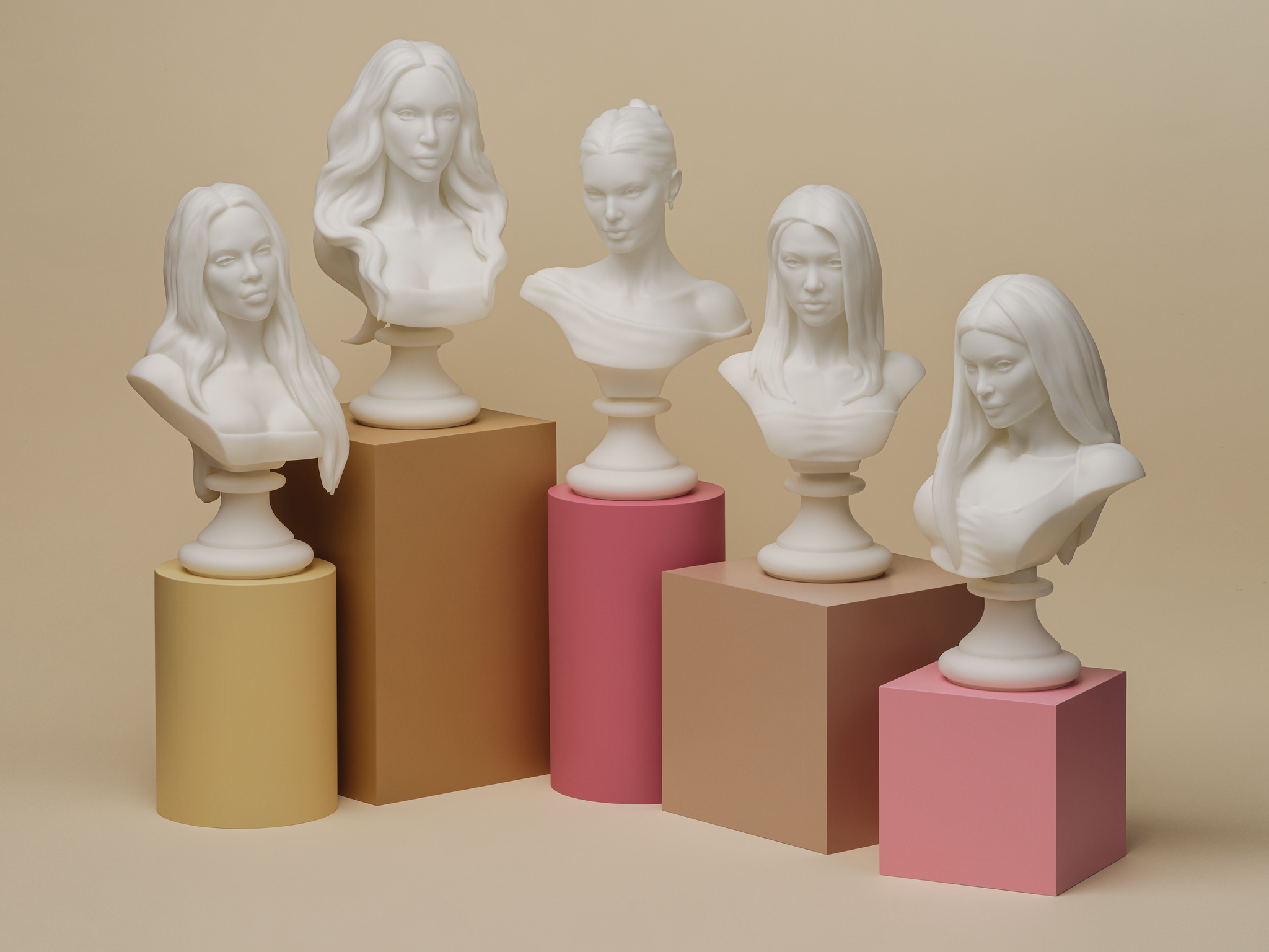 3d printed busts of the kardashian family photographed on pedestals on a pink background