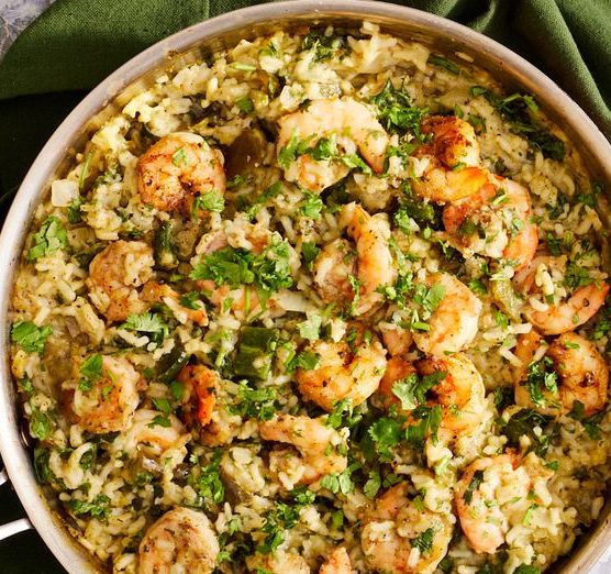 One-Pan Salsa Verde Shrimp & Rice Makes Us Excited For Spring Dinner