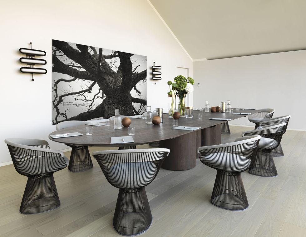 Room, Table, Interior design, Furniture, Dining room, Property, Black-and-white, Design, Floor, Material property, 