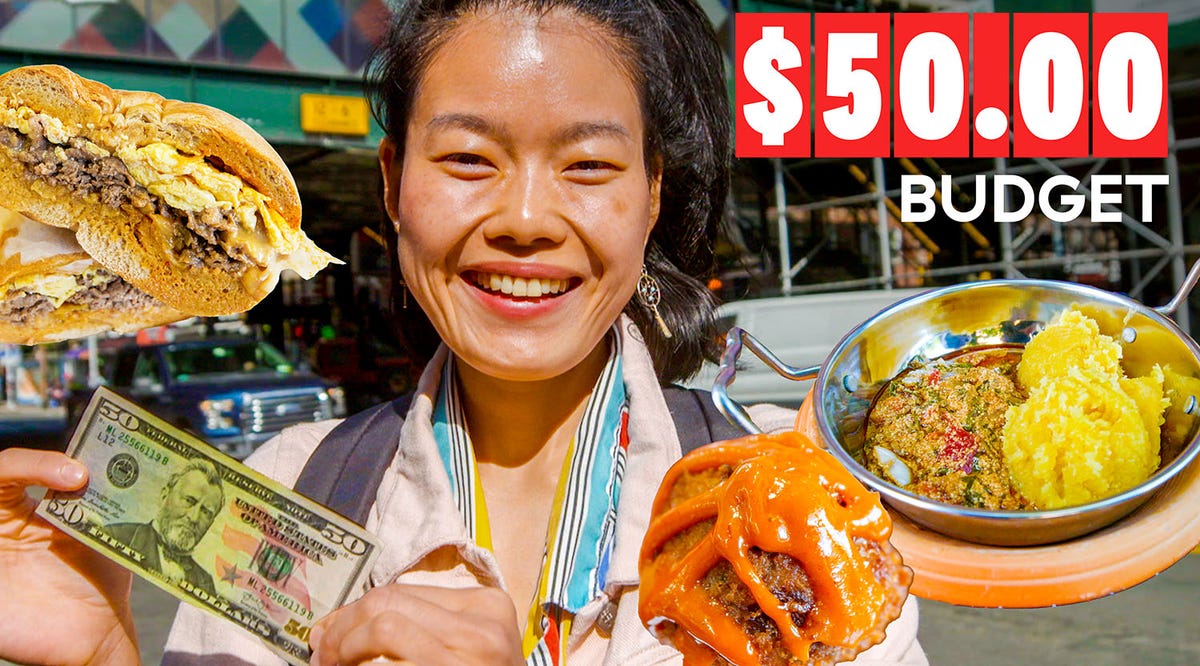 Video player poster image preview for I Ate As Many Different Meals As I Could On A $50 Budget In Astoria, NYC