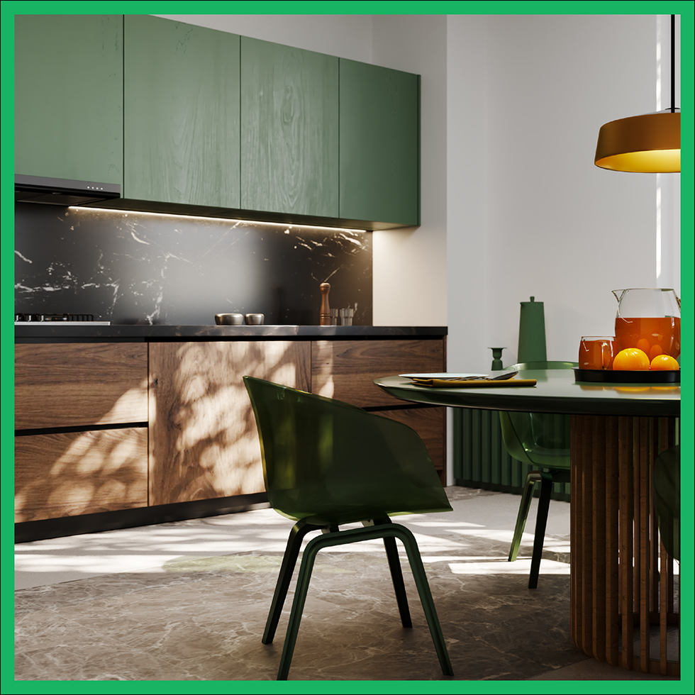 Green kitchen interior with furniture. Stylish cuisine with