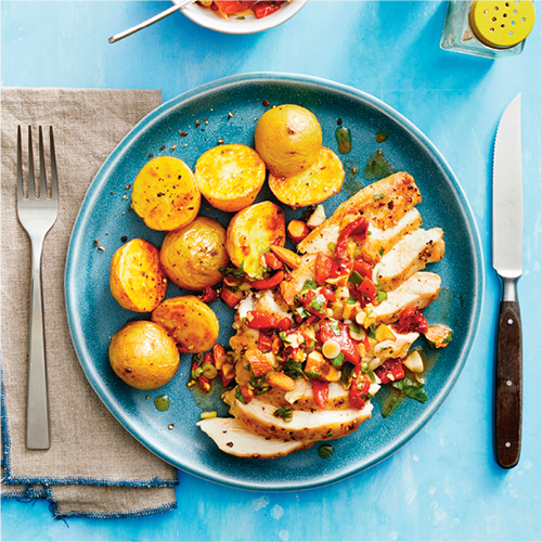 chicken and garlic potatoes with red pepper relish