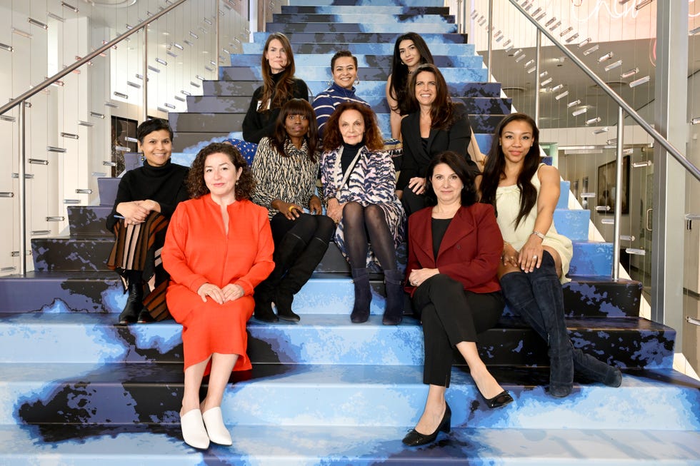 new york, new york march 07: (l r) stephanie mehta, sofia hernandez, justine feron, dee poku, stephanie roberson, diane von furstenberg, shiza shahid, kyle leahy, beth ferreira, and arielle patrick attend the 3rd annual 2m mentors event hosted by diane von furstenberg and wie suite in celebration of international womens day on march 07, 2025 in new york city. (photo by slaven vlasic/getty images for diane von furstenberg and wie suite)