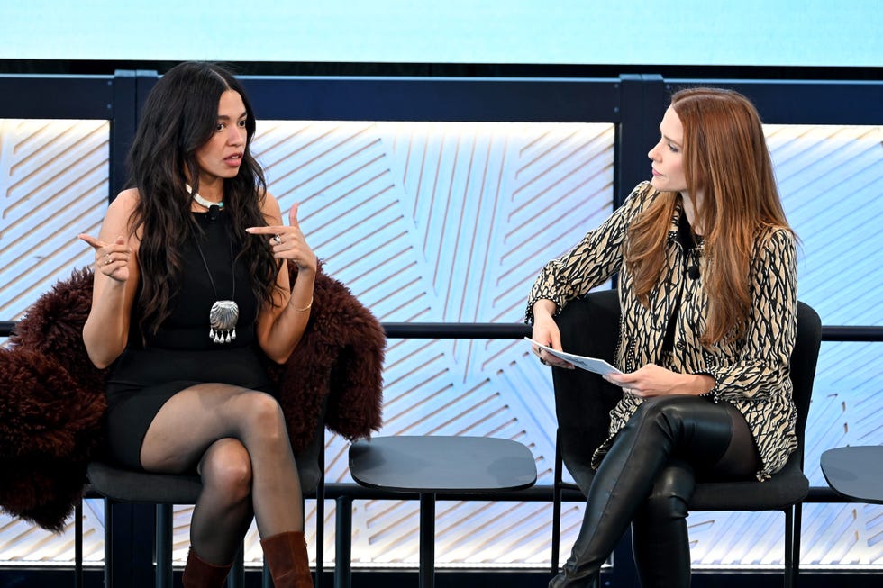 new york, new york march 07: (l r) aurora james and sophia bush speak onstage during diane von furstenberg celebrates iwd, presented by youtube and jpmorganchase on march 07, 2025 in new york city. (photo by dave kotinsky/getty images for diane von furstenberg, youtube and jpmorganchase)