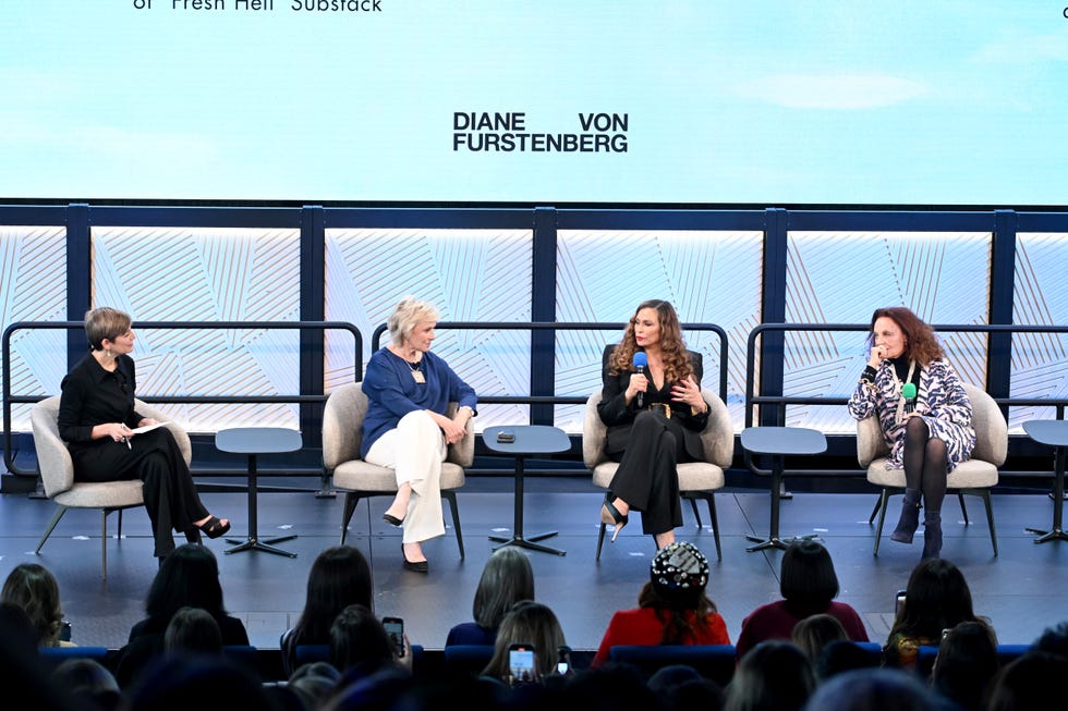 new york, new york march 07: (l r) cindi leive, tina brown, ms. tina knowles, and diane von furstenberg speak onstage during diane von furstenberg celebrates iwd, presented by youtube and jpmorganchase on march 07, 2025 in new york city. (photo by dave kotinsky/getty images for diane von furstenberg, youtube and jpmorganchase)