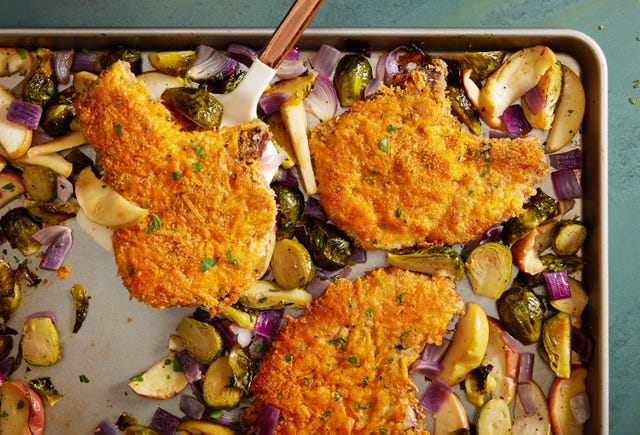 crispy cheddar pork chops with brussels and apples