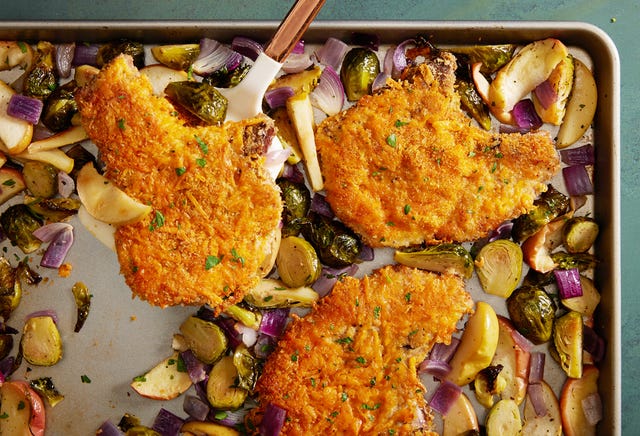 Crispy Cheddar Pork Chops with Brussels and Apples crispy cheddar pork chops with brussels and apples