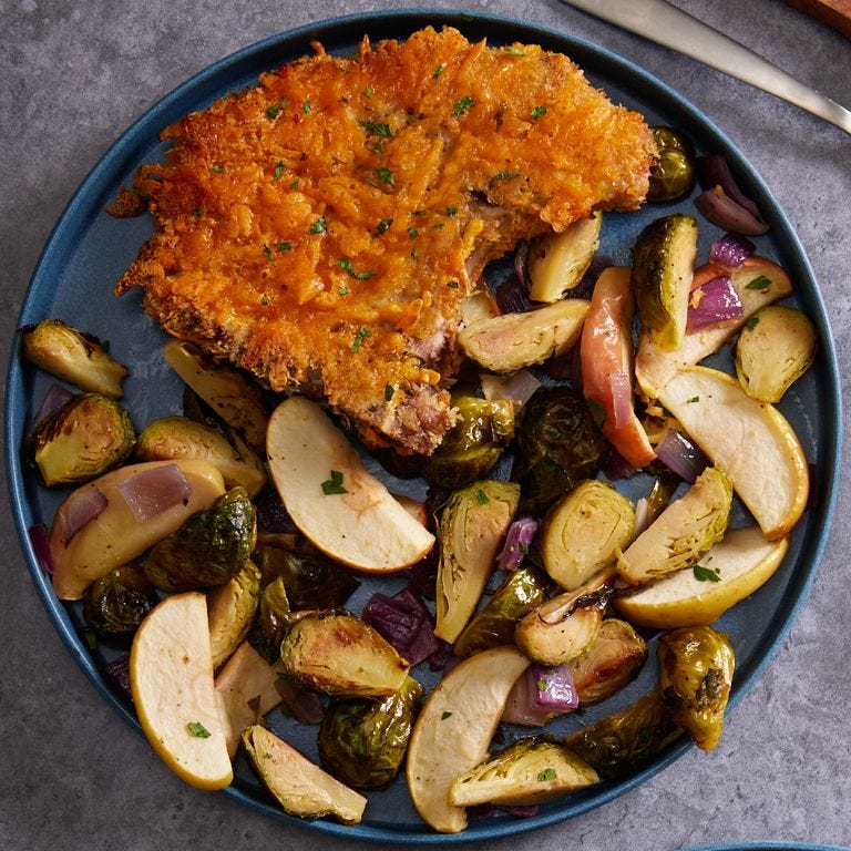 crispy cheddar pork chops with brussels sprouts and apples