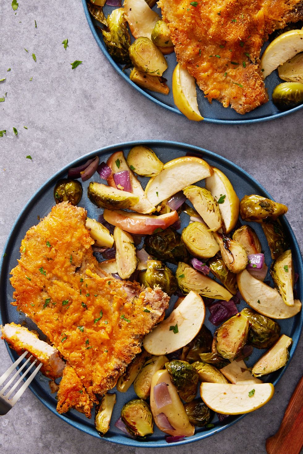 crispy cheddar pork chops with brussels and apples
