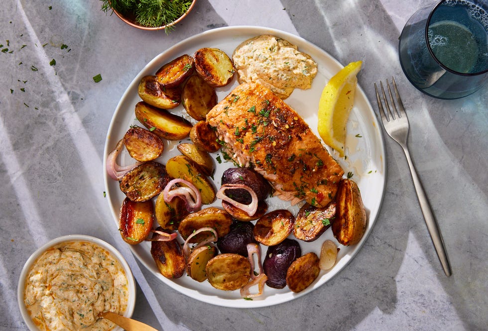 baked salmon potato skillet with shallots and dill yogurt sauce