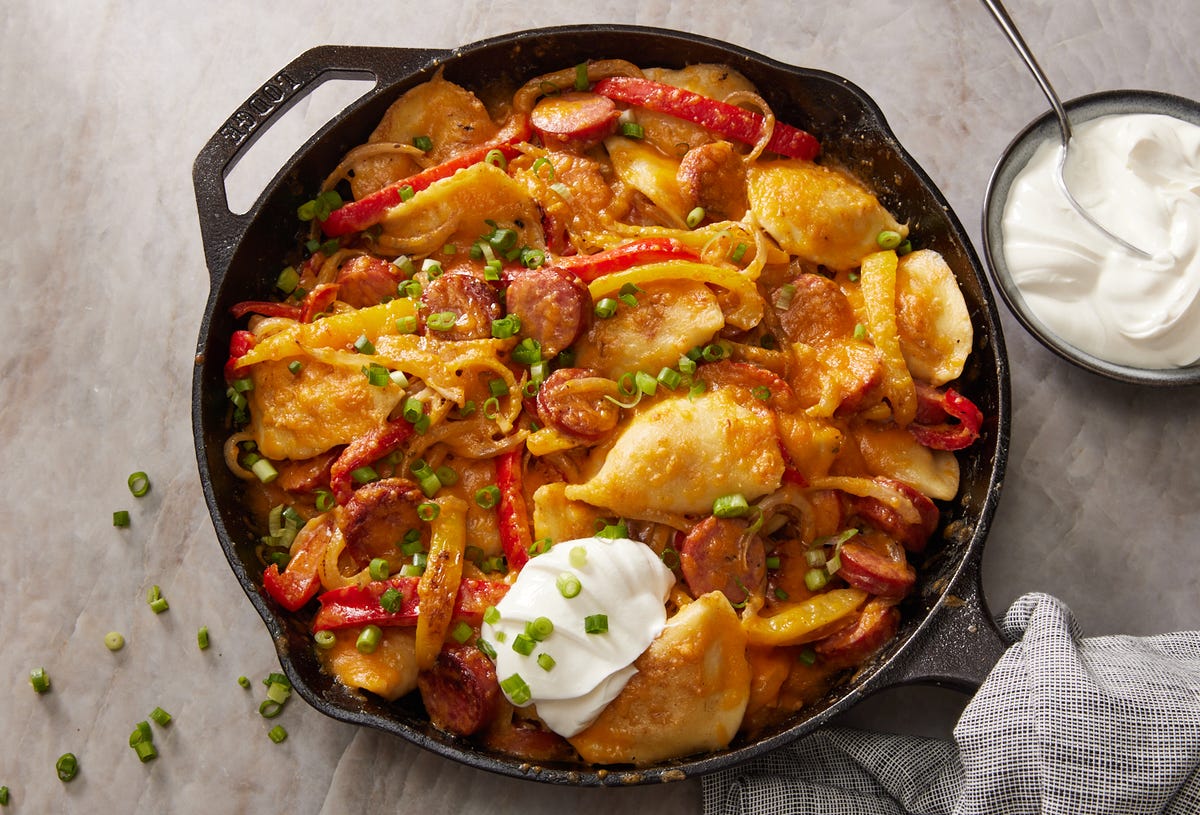 Homemade] Kielbasa and Pierogies with Peppers and Onions in a White Wine  and Garlic Glaze : r/food