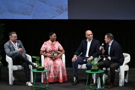 new york, new york april 23: (l r) anthony carrino, arianne bellizaire, vijay deshmukh, and dan diclerico speak onstage at the 2025 hearst eco conscious living summit at film at lincoln center’s walter reade theater on april 23, 2025 in new york city. (photo by eugene gologursky/getty images for hearst magazines)